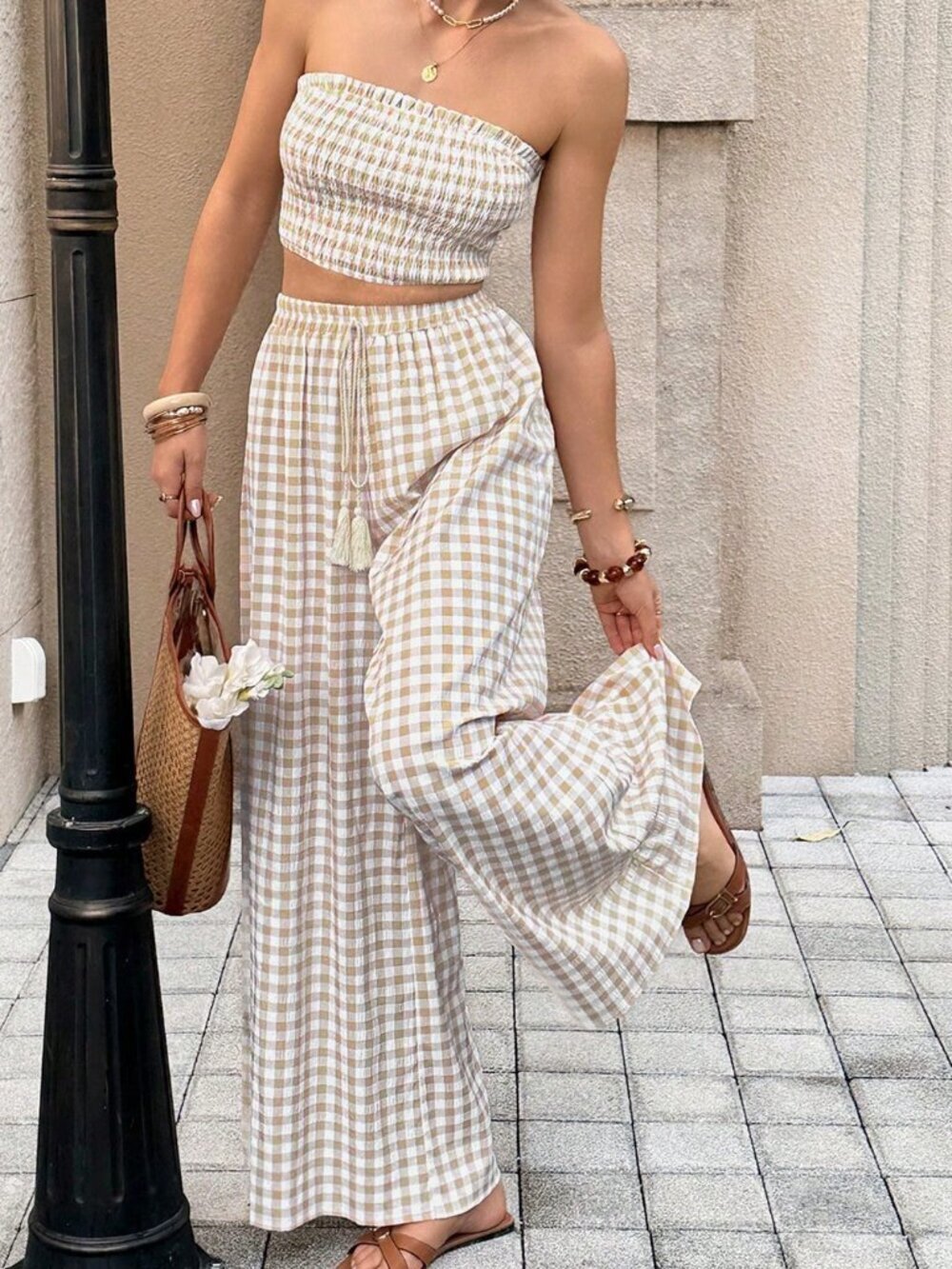Apricot Boho Women's Vacation Plaid Bandeau Top and Pants Set - Picture 4 of 8